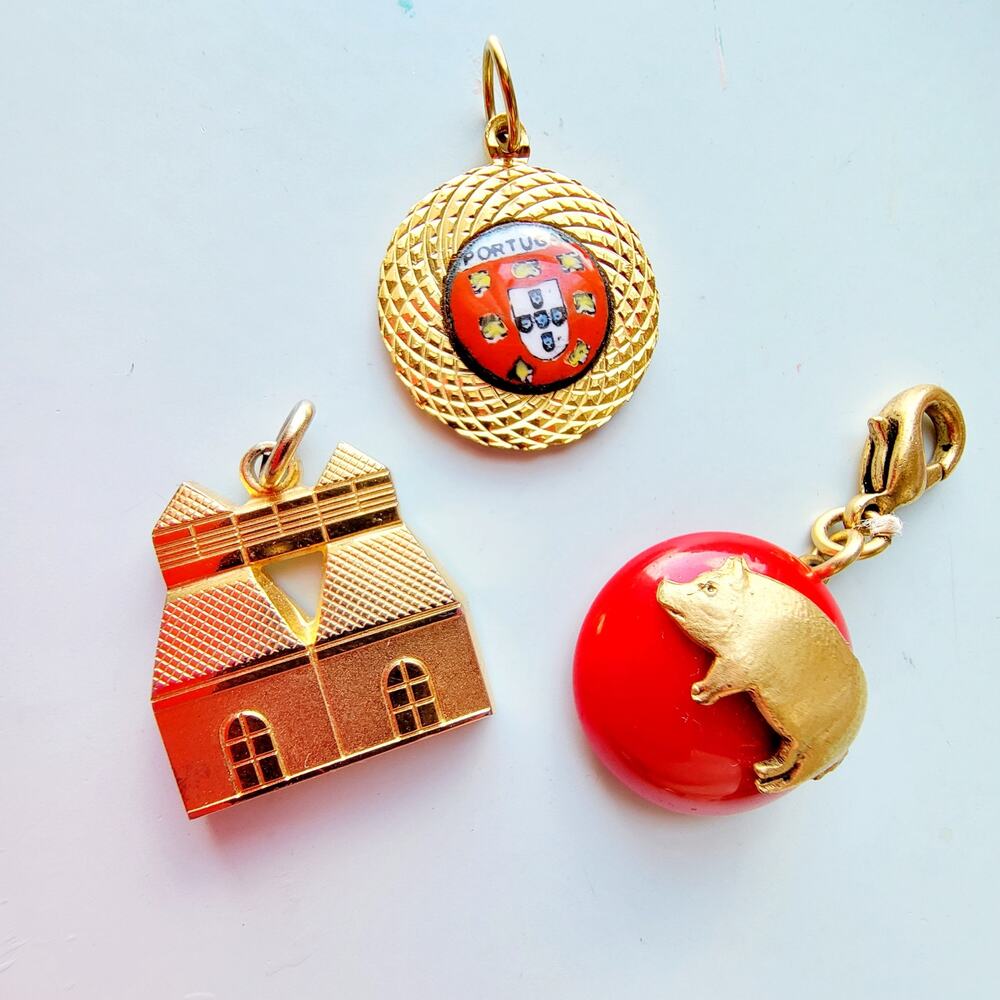Tiny Charms Lot: Pig, House, Portugal, Enamel, Brass